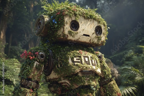 Sunlit jungle robot overgrown vines high resolution picture