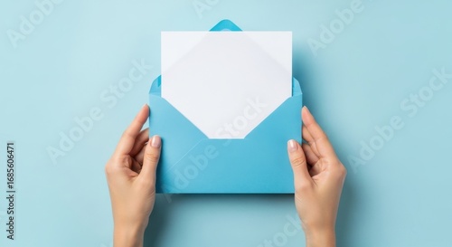 Opening a Blue Envelope With a Blank White Card Inside Against a Light Blue Background