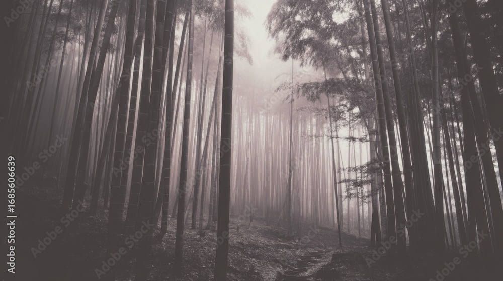 Naklejka premium A misty dense bamboo forest with tall uniform stalks, soft ground cover, and a winding trail through the underbrush,
