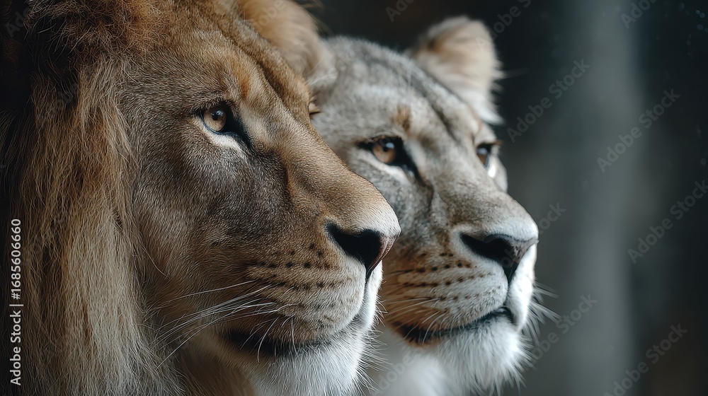 Fototapeta premium Close-up of Lion and Lioness Faces Side by Side, Looking to the Right