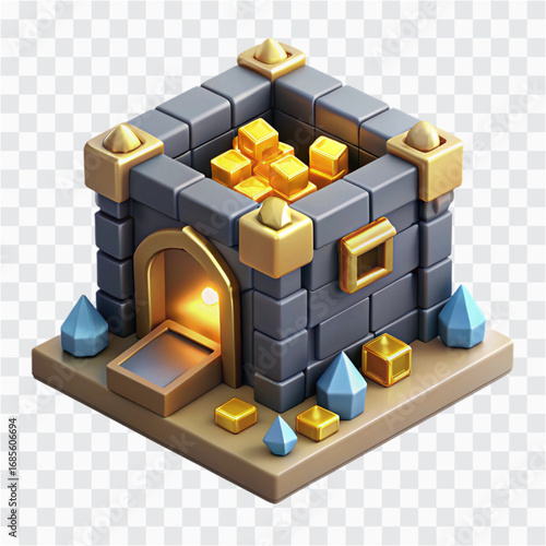 3D Voxel Treasure Vault Icon | Pixel Diamonds and Gold Piles in Block Style