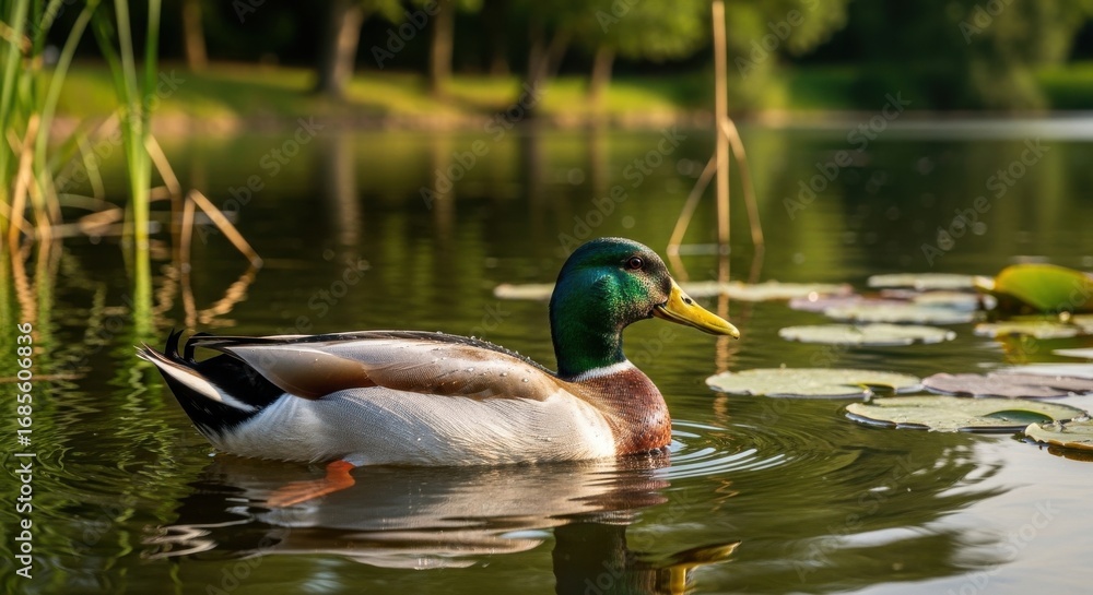 Fototapeta premium Mallard duck swims gracefully on a serene pond amidst lily pads and reeds