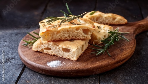 slices of delicious focaccia genovese with rosemary and coarse salt on wooden cutting board