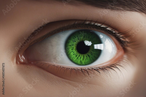 A detailed, ultra-realistic illustration of a vibrant green eye. photography of green eye.