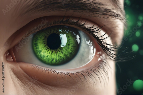 A detailed, ultra-realistic illustration of a vibrant green eye. photography of green eye.