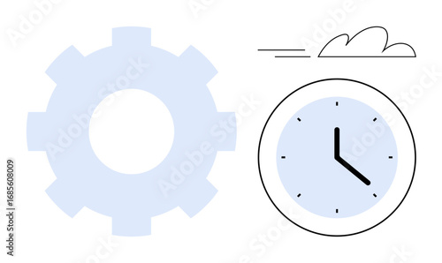 Large gear with a clock showing 3 o clock beside a moving cloud. Ideal for efficiency, workflow, deadlines, planning, teamwork, technology, and innovation. A simple flat metaphor