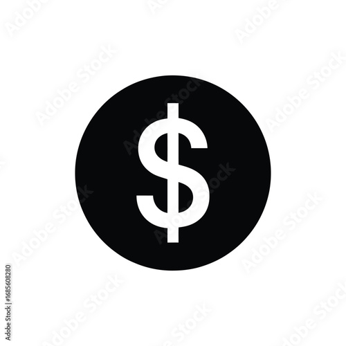 Minimalist dollar sign icon in a black circle, a flat vector graphic symbol representing money, finance, and economy illustration of a dollar