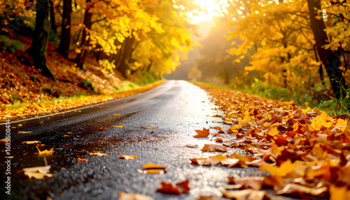 Herbstlaub auf Strasse im Herbst, Glätte Rutschgefahr 