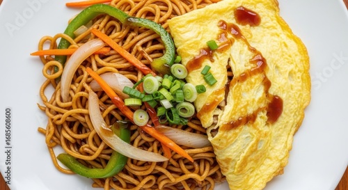 Wallpaper Mural Delicious egg foo young dish with chow mein noodles and fresh vegetables Torontodigital.ca