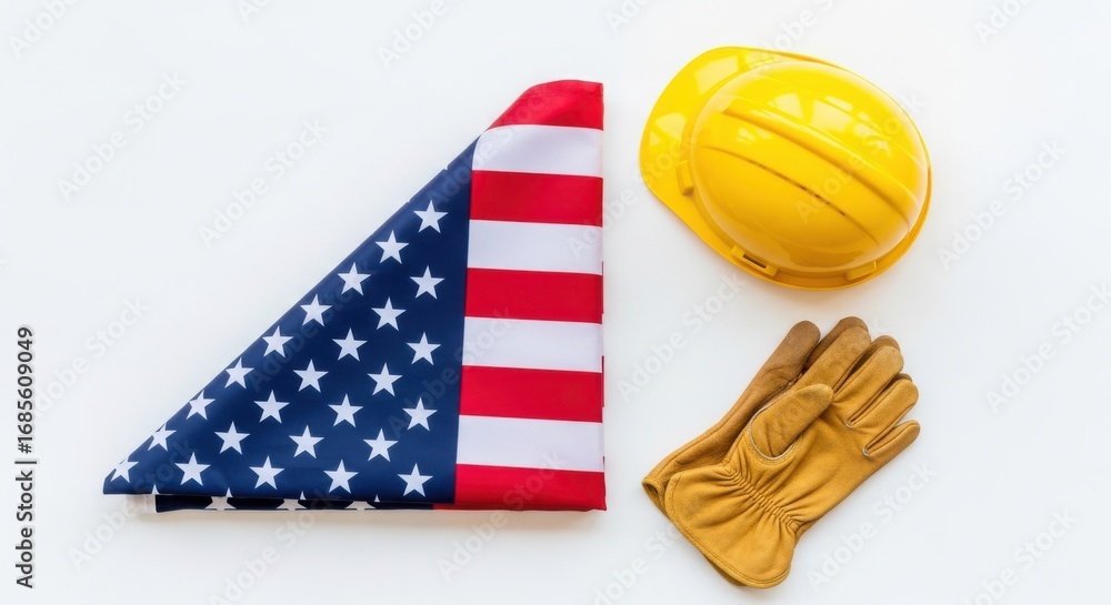 Fototapeta premium American flag and work safety gear symbolize labor and patriotism