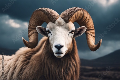 A close-up view of a ram's head, showcasing its large, curved horns in a natural environment. Generative AI