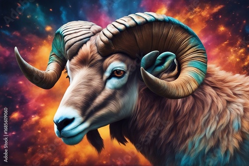 A close-up view of a ram's head, showcasing its large, curved horns in a natural environment. Generative AI