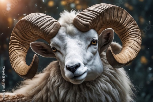 A close-up view of a ram's head, showcasing its large, curved horns in a natural environment. Generative AI