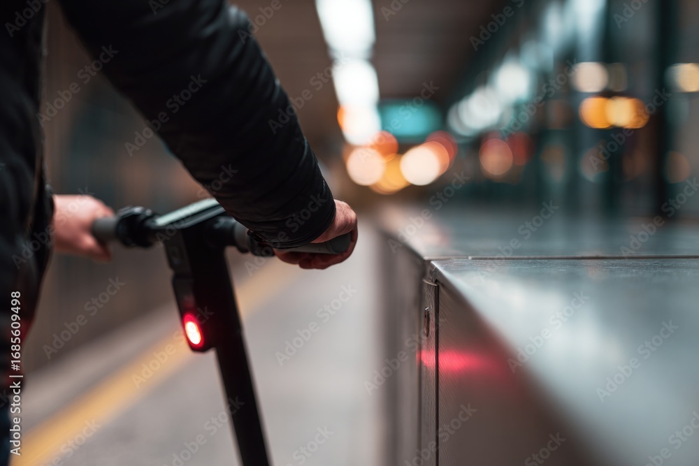 Fototapeta premium Hand on scooter handlebar in modern station, vibrant lights create dynamic atmosphere