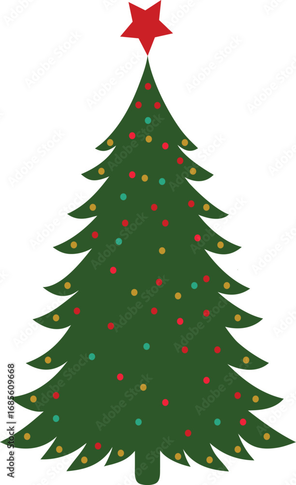 Fototapeta premium Festive Decorated Pine Tree with Red Star and Colorful Lights
