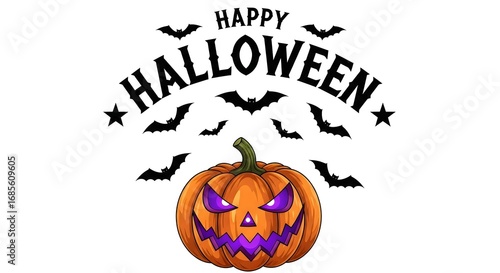 Happy halloween text with bats and a scary jackolantern pumpkin with purple glowing eyes, isolated on white background