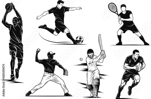 Silhouette athletes playing basketball, soccer, tennis, baseball, cricket, and rugby in dynamic action poses isolated on white background illustration.