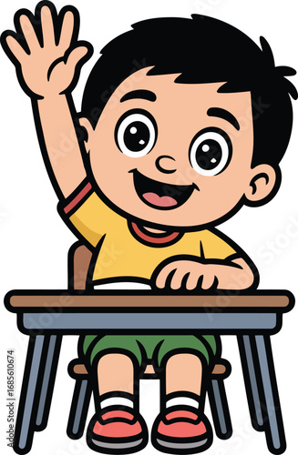 Boy Raising Hand in Classroom Color Vector Illustration