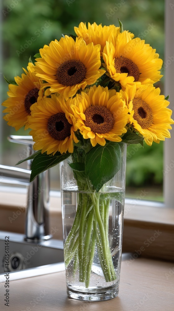 Fototapeta premium Sunflowers rest in a glass jar on a marble countertop, enhancing a lively kitchen setup with jars filled with various ingredients nearby