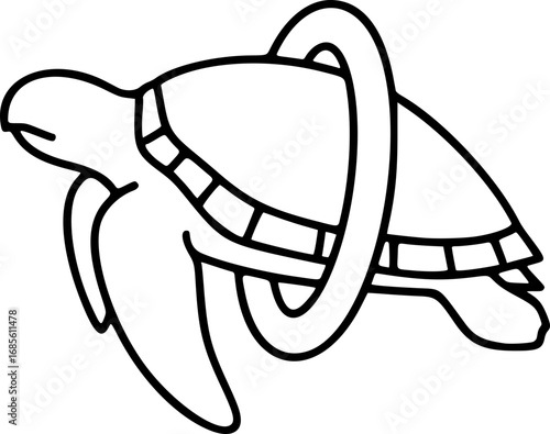 Sea Turtle Tangled in Ghost tire Microplastic Pollution Icon. outline pollution icon
