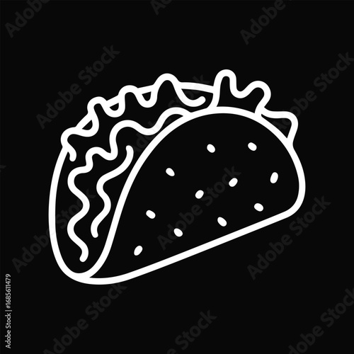 Clean vector line icon of Mexican taco with lettuce and filling. Simple outline illustration on black background, ideal for restaurant menu, street food branding, delivery app, or poster design