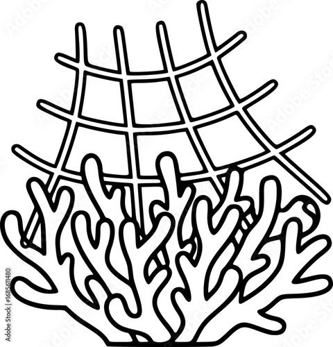 Coral Reef with Ghost Net Microplastic Pollution Icon Vector. outline pollution icon