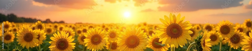 Obraz premium A vibrant sun shines on a field of sunflowers, symbolizing joy, optimism, and the simple pleasures in life Perfect for illustrating themes of contentment and inner peace , hope, radiant, wellbeing