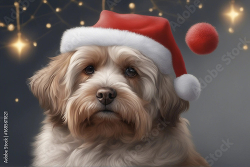 A charming illustration of a cute dog wearing a Christmas hat. Generative AI