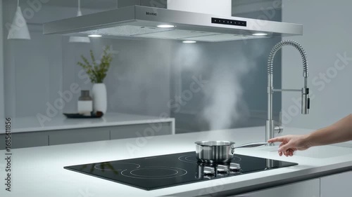 Footage of testing airflow and lighting features after installing a ductless undercabinet range hood in a contemporary kitchen.