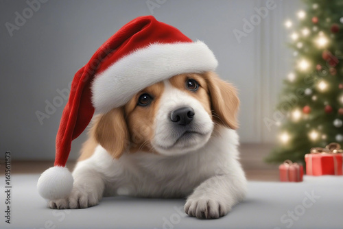 A charming illustration of a cute dog wearing a Christmas hat. Generative AI