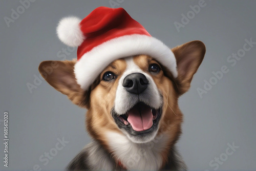 A charming illustration of a cute dog wearing a Christmas hat. Generative AI