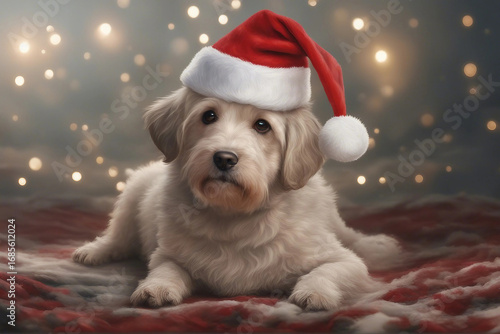 A charming illustration of a cute dog wearing a Christmas hat. Generative AI