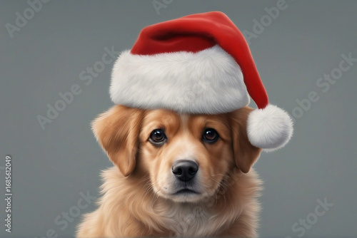 A charming illustration of a cute dog wearing a Christmas hat. Generative AI