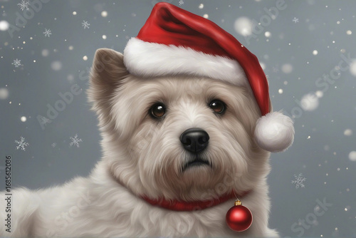 A charming illustration of a cute dog wearing a Christmas hat. Generative AI