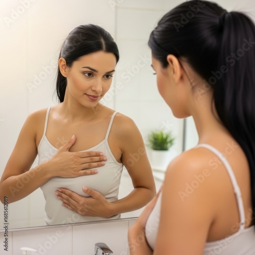 Wallpaper Mural Young woman carefully examining her breasts while looking in a mirror Torontodigital.ca