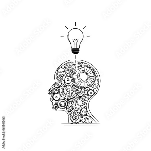 Human head with gears and lightbulb concept for creativity innovation and problem solving illustration idea