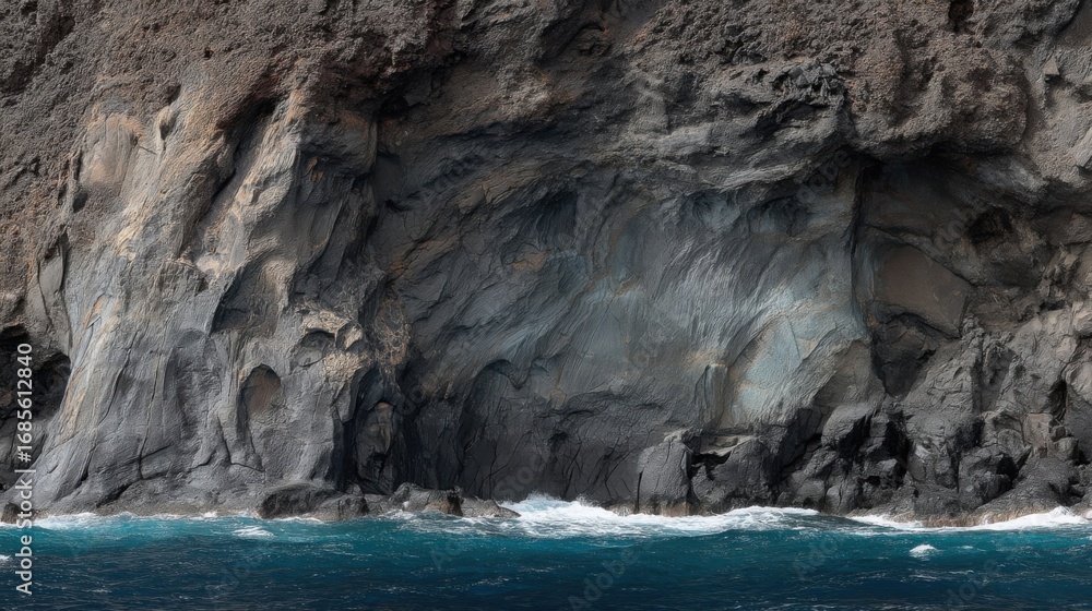 Obraz premium Expansive rocky shoreline with crashing waves, varied rock sizes silhouetted against clear blue sea,