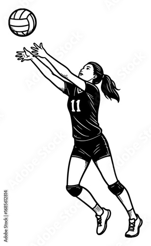 Young girl volleyball player hitting spiking ball in Black and White Outline Line Art Drawing style