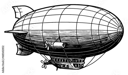 Classic Airship Zeppelin Dirigible Black and White Outline Line Art Drawing of a Flying Machine