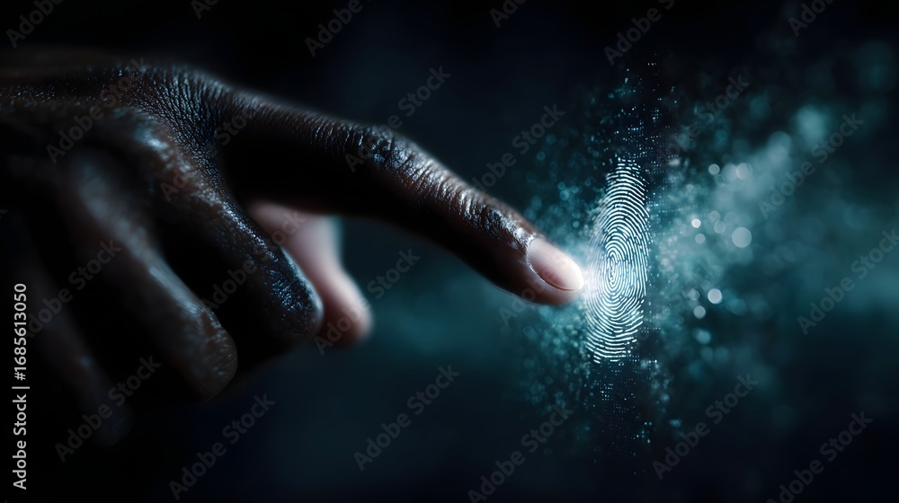 Fototapeta premium A close up of a human hand touching a futuristic glowing digital biometric fingerprint scanner representing secure access and advanced technology