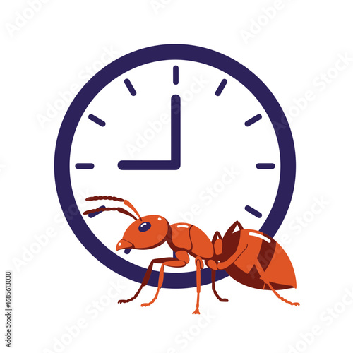 Flat vector illustration of ant with clock symbol behind him, time and patience concept