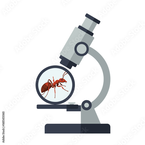 Flat vector illustration of ant under microscope lens, science and research concept