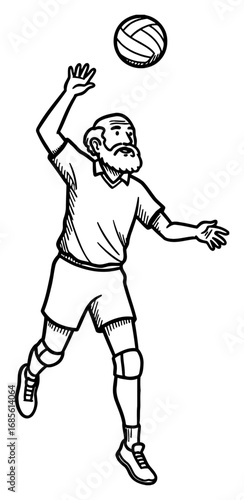 Grandpa Volleyball Player Spiking Ball Action Pose Black and White Outline Line Art Drawing