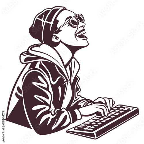 Illustration of a woman with glasses and a beanie typing on a keyboard looking up and smiling widely vector illustration