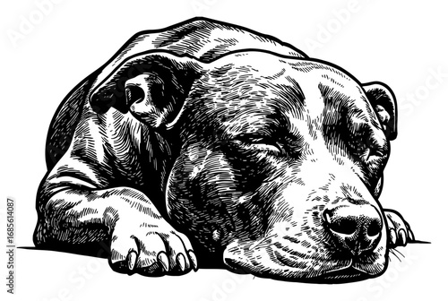 Pitbull Dog Sleeping Peacefully Detailed Black and White Outline Line Art Drawing Vector Illustration