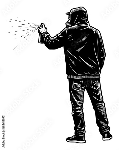 Man in Hoodie with Gas Mask Spraying Graffiti Viewed from Back Black and White Outline Line Art Drawing