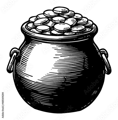 Pot of Gold Coins Overflowing Isolated Object Black and White Outline Line Art Drawing Vintage Engraving