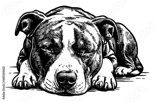 Pitbull Dog Sleeping Peacefully Resting Paws Front View Black and White Outline Line Art Drawing