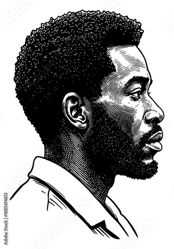 African American Man Profile Portrait Detailed Engraved Black and White Outline Line Art Drawing