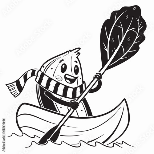 A happy seed character wearing a scarf paddling a canoe with a leaf shaped paddle on wavy water line art vector illustration